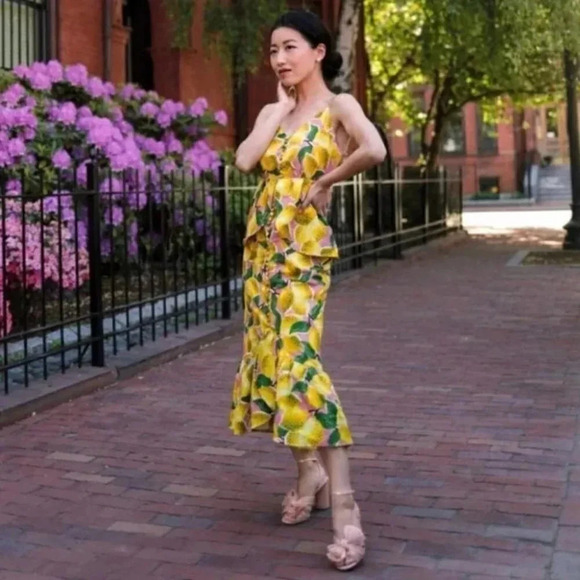 NWT Farm Rio Fresh Lemons Ruffle Peplum Linen Blend Fruits Midi Dress Size XS - Picture 4 of 12